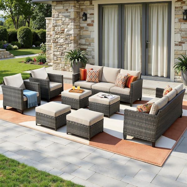 New Vultros Gray 8-Piece Wicker Outdoor Patio Conversation Seating Set with Beige Cushions