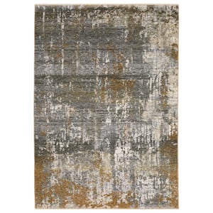 Haven Gray/Gold 10 ft. x 13 ft. Abstract Serene Polyester Fringed Indoor Area Rug