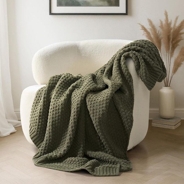 Olive Green Chenille Decorative Moss Stitch Throw Blanket