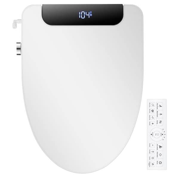 Electric Bidet Seat for Elongated Toilets in White, Warm Water with Air Dryer, Heated Seat, Front and Rear Wash,