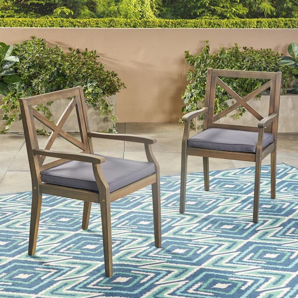 Teak Brown Cross Back Wood Outdoor Patio Dining Chairs with Dark Gray Cushions (2-Pack)
