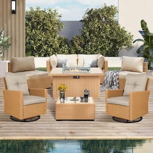 8-Piece Wicker Patio Fire Pit Conversation Set with Swivel Chairs and Beige Cushions