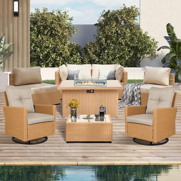 UPHA 8-Piece Wicker Patio Fire Pit Conversation Set with Swivel Chairs and Beige Cushions