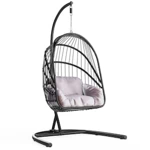 76 in. Black Wicker Patio Swing Chair with Grey Cushion and Stand