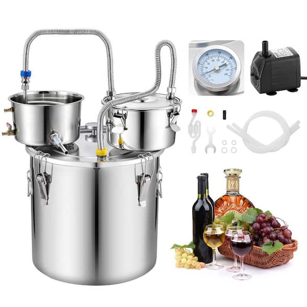 Alcohol Still, 8 gal./ 30L Alcohol Distiller with Thumper Keg, Dual-scale Thermometer, and Water Pump, Silver