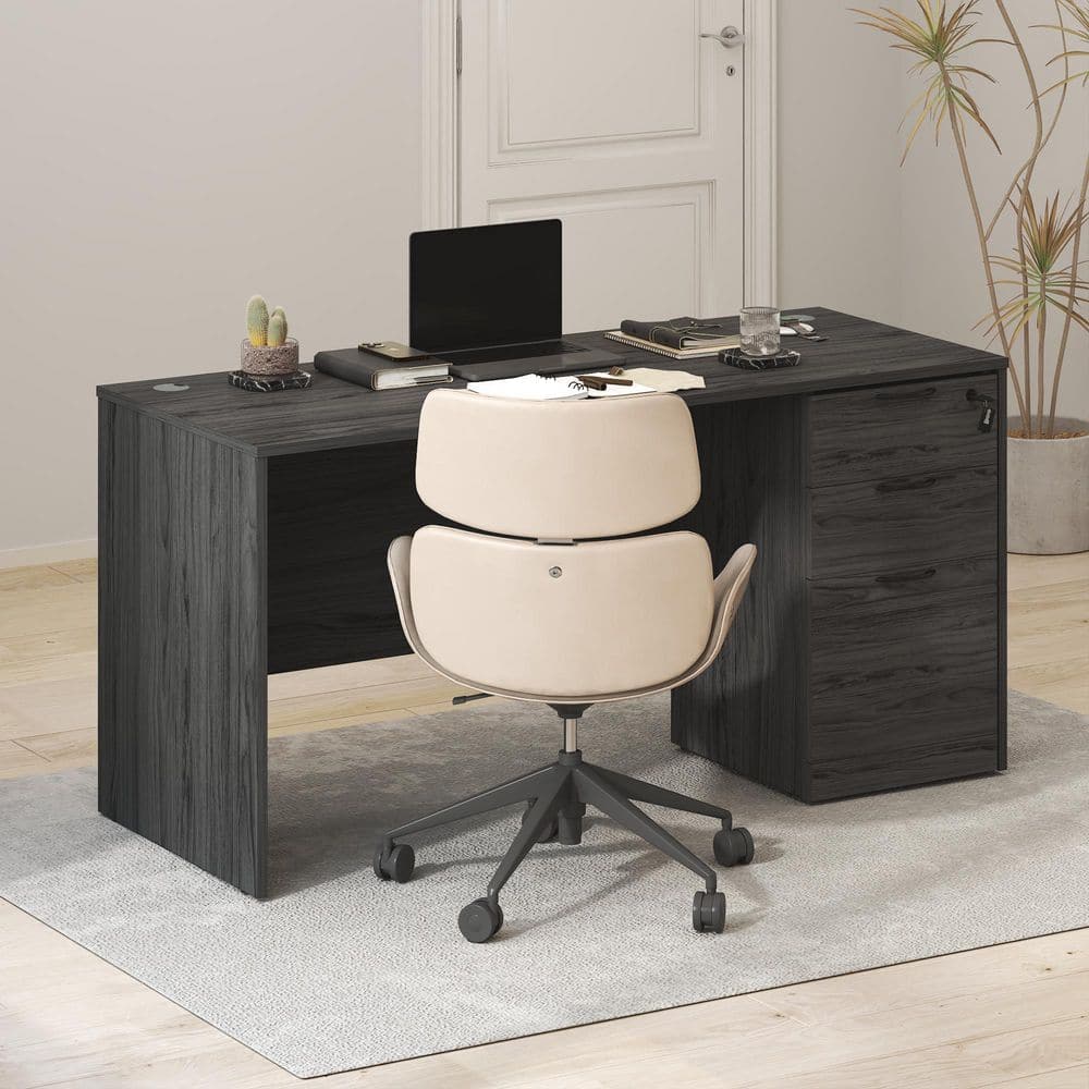 Furinno ROGER 60 in. Executive Desk with File Cabinet, Coastal