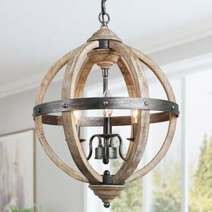 Rustic Black 3-Light Distressed Wood Chandelier with Globe Cage Candlestick Pendant Chandelier for Kitchen Island
