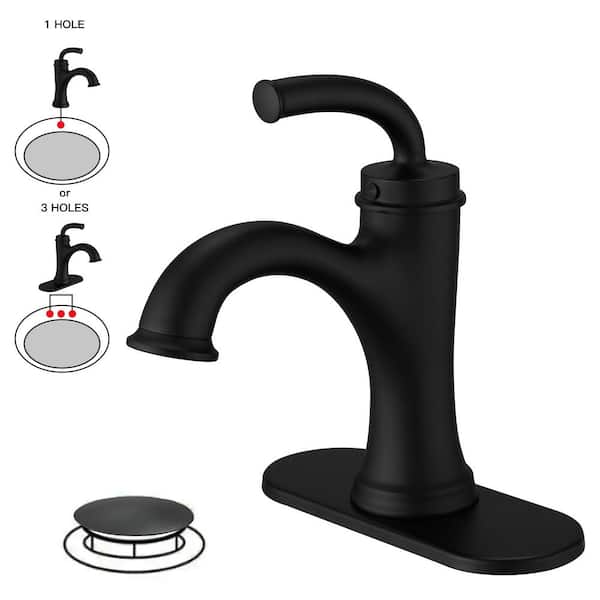 Single Handle Farmhouse Single Hole Bathroom Faucet in Matte Black with Deck Plate and Drain