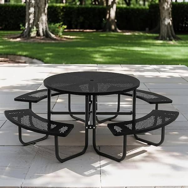 46 in. Black Round Outdoor Carbon Steel Picnic Table Seats 8 People with Umbrella Hole
