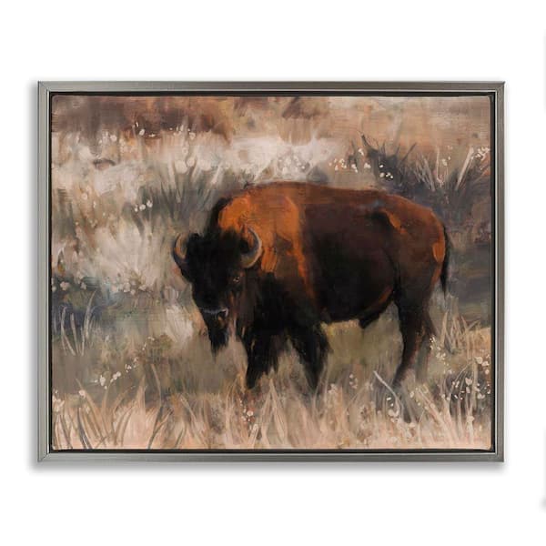 Stupell Industries Bison on the Range by Nina Blue Gray Floater Frame Animal Graphic Art Print 25 in. x 31 in.
