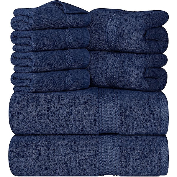 Aoibox 8-Piece Premium Towel w/2 Bath Towels, 2 Hand Towels & 4 Wash Cloths, 600 GSM 100% Cotton Highly Absorbent, Navy Blue