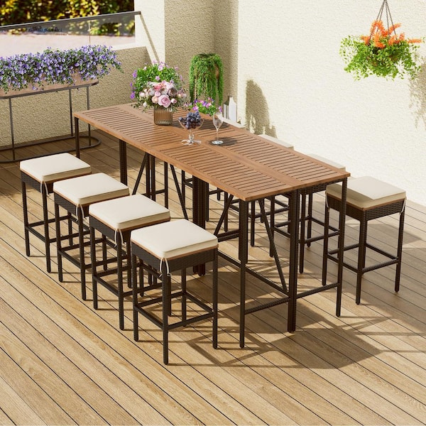 Mondawe 10-Piece Brown Acacia Wood Bar Height Outdoor Dining Set with Beige Cushions