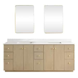 Oza 84 in. W x 22 in. D x 33.9 in. H Double Sink Bath Vanity in Natural Oak with White Quartz Stone Top and Mirror