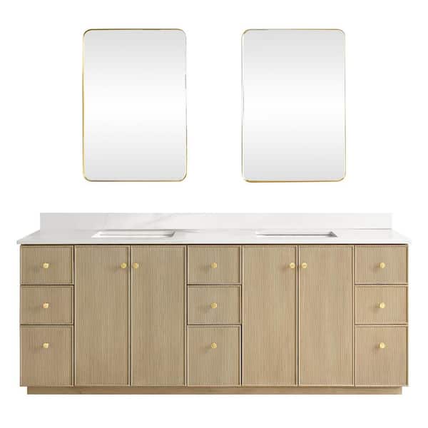 ROSWELL Oza 84 in. W x 22 in. D x 33.9 in. H Double Sink Bath Vanity in Natural Oak with White Quartz Stone Top and Mirror