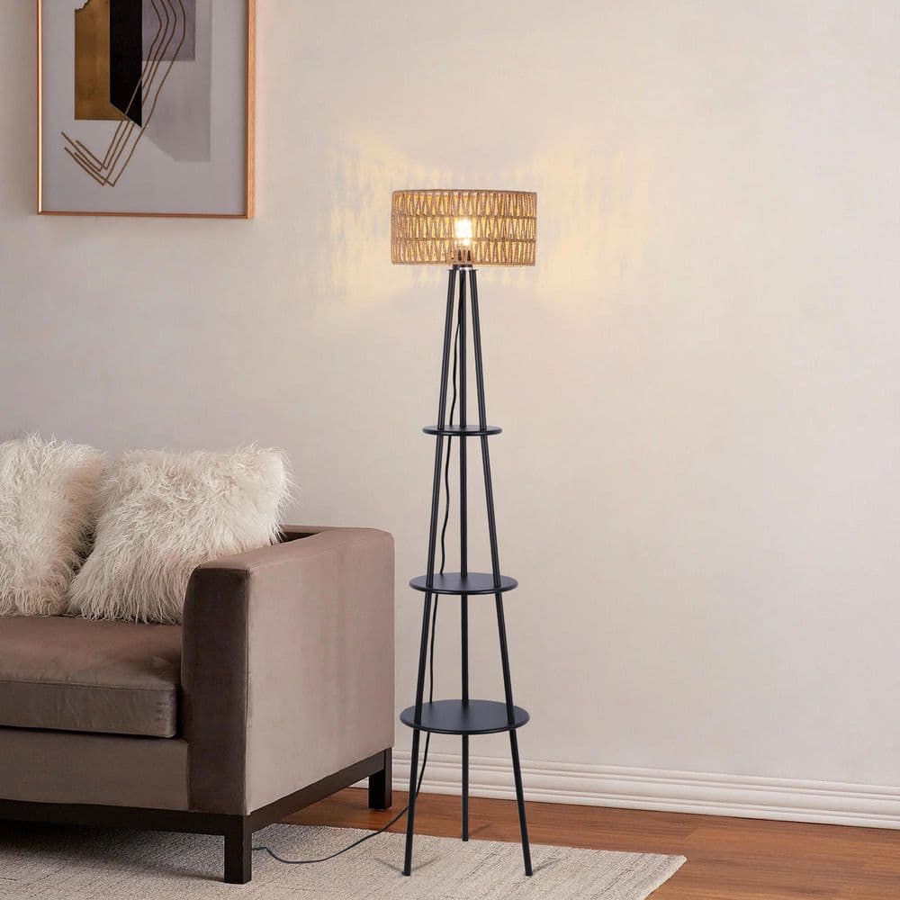 66.14 in. Black Farmhouse 1-Light Tripod Floor Lamp with Ratten Shade and 1 Bulbs Included for Living Room Cafe Bedroom price history on PriceWatchPro