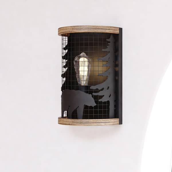 VAXCEL Kodiak 1-Light Black Cage Rustic Wall Sconce Bear and Tree Motif