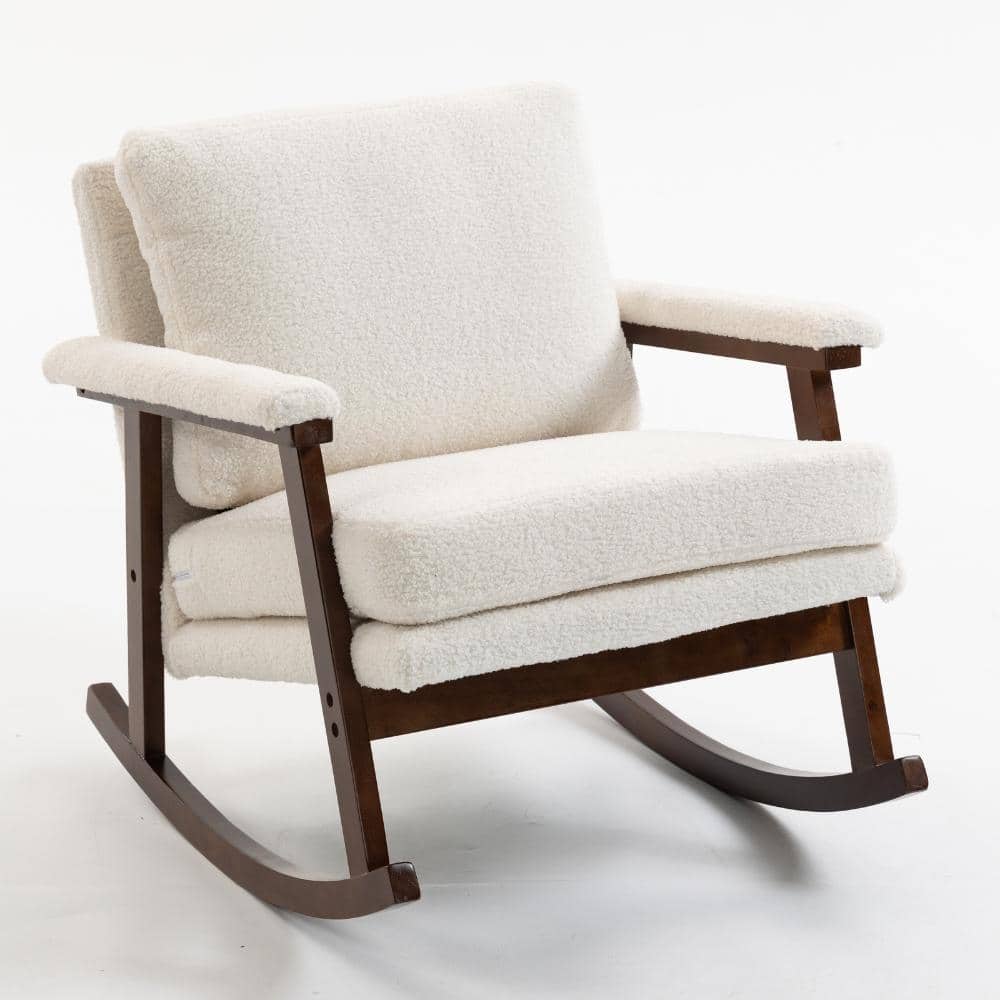 Antique White Velvet Mid Century Modern Rocking Arm Chair with High-Density Sponge Cushion & Waist Support