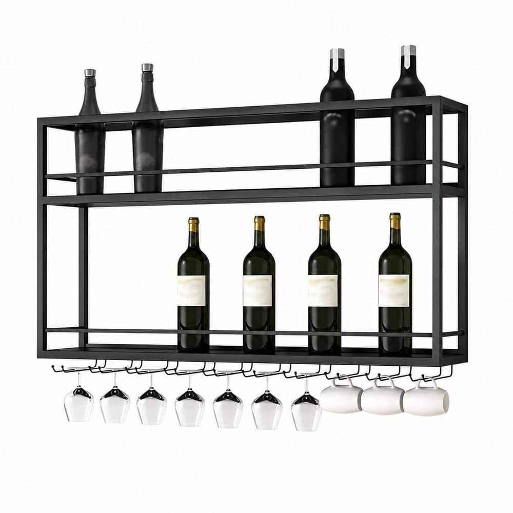 55 in 2-Tier Rustic Brown and Black Wall-Mounted Wood Wine Rack with Stemware Holder, Industrial Storage Display