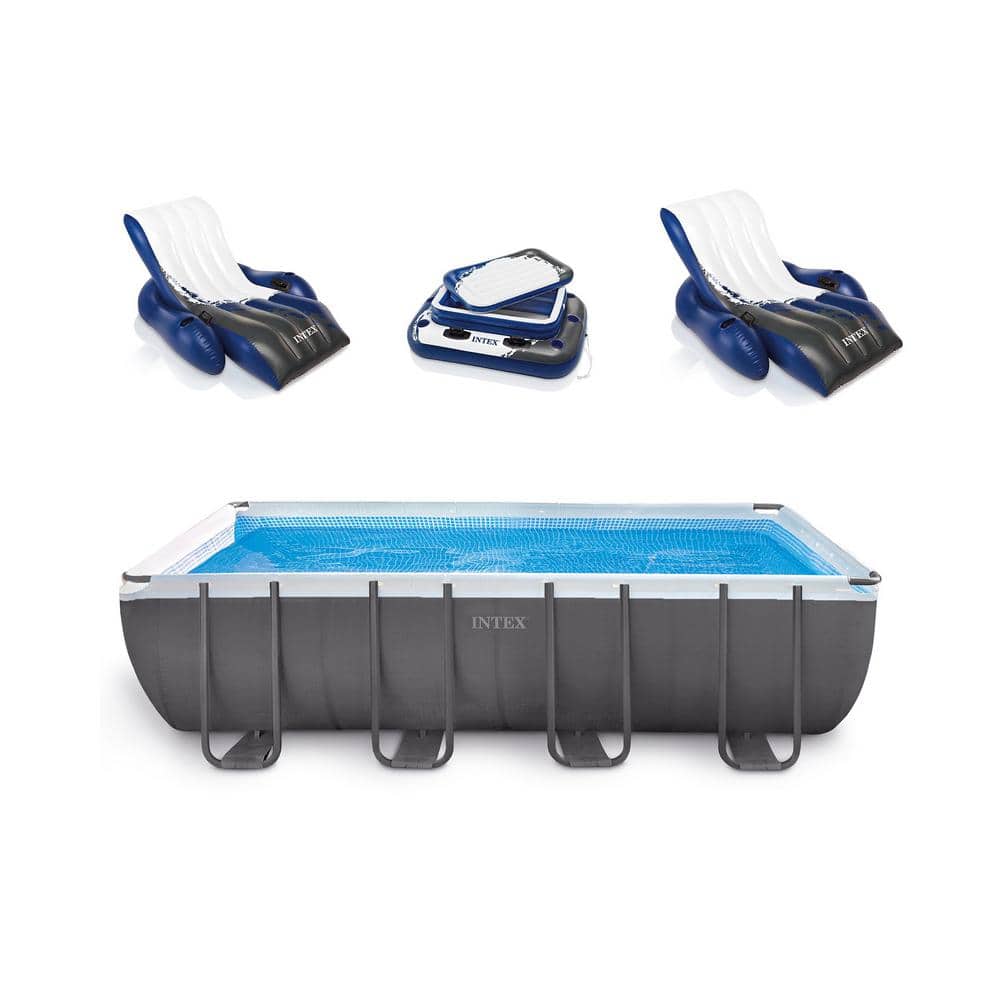 Intex 18 ft. x 9 ft. Rectangular 52 in. D Ultra Frame Hard Side Above Ground Pool Set with Floats, Blue/White -  26351EH