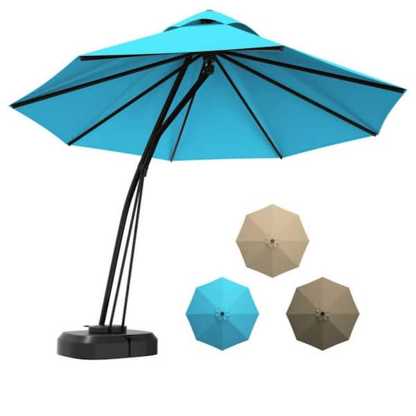 Clihome 11 ft. Outdoor Cantilever Hanging Patio Umbrella in Turquoise with Base and Wheels