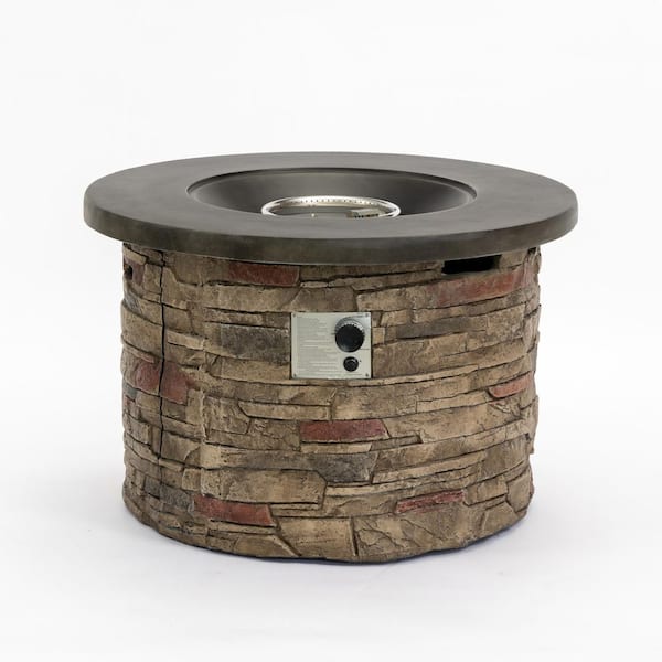 36 in. Round Concrete 50,000 BTU Brown Outdoor Propane Gas Fire Pit Table with Glass Ball and Tabletop Lid