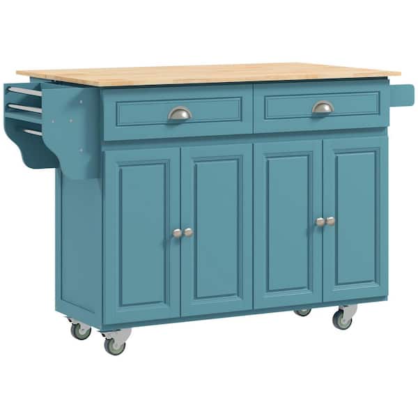 HOMCOM Teal Blue Wood Top 57.5 in. Kitchen Island with Drawers, Cabinets and Wheels