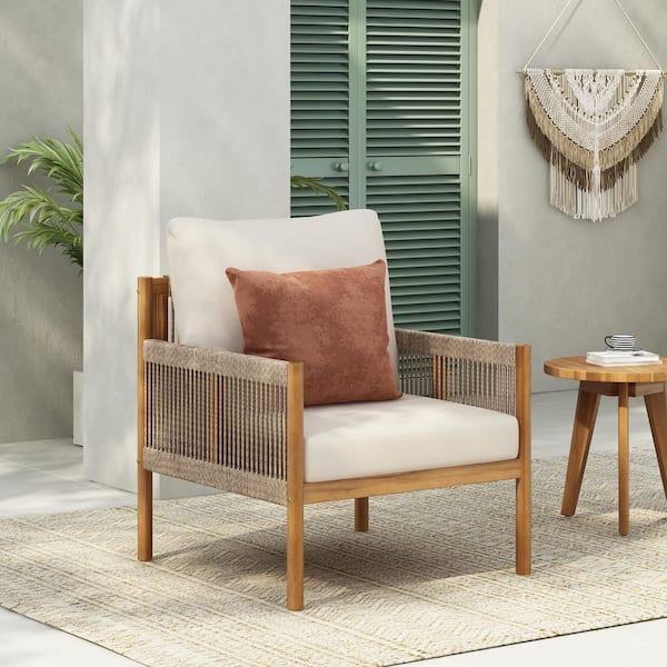 CHRISTOPHER KNIGHT HOME Echo Modern Patio Woven Rope and Solid Wood Outdoor Lounge Chair with Beige Cushions, Teak Finish
