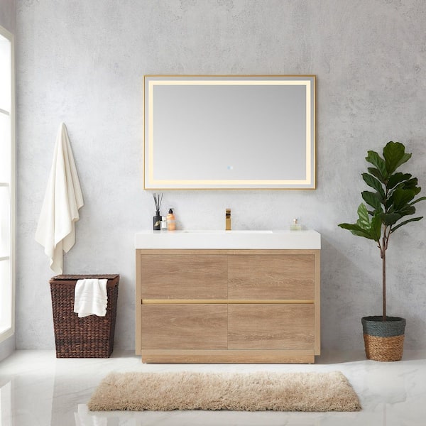 ROSWELL Palencia 48 in. W x 20 in. D x 33.9 in. H Single Sink Bath Vanity in N. American Oak with White Composite Top and Mirror