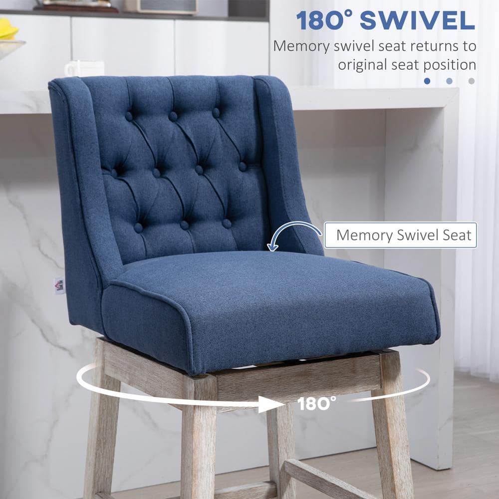 Blue Tufted Swivel Bar Stools with Wood Footrests, Set of 2