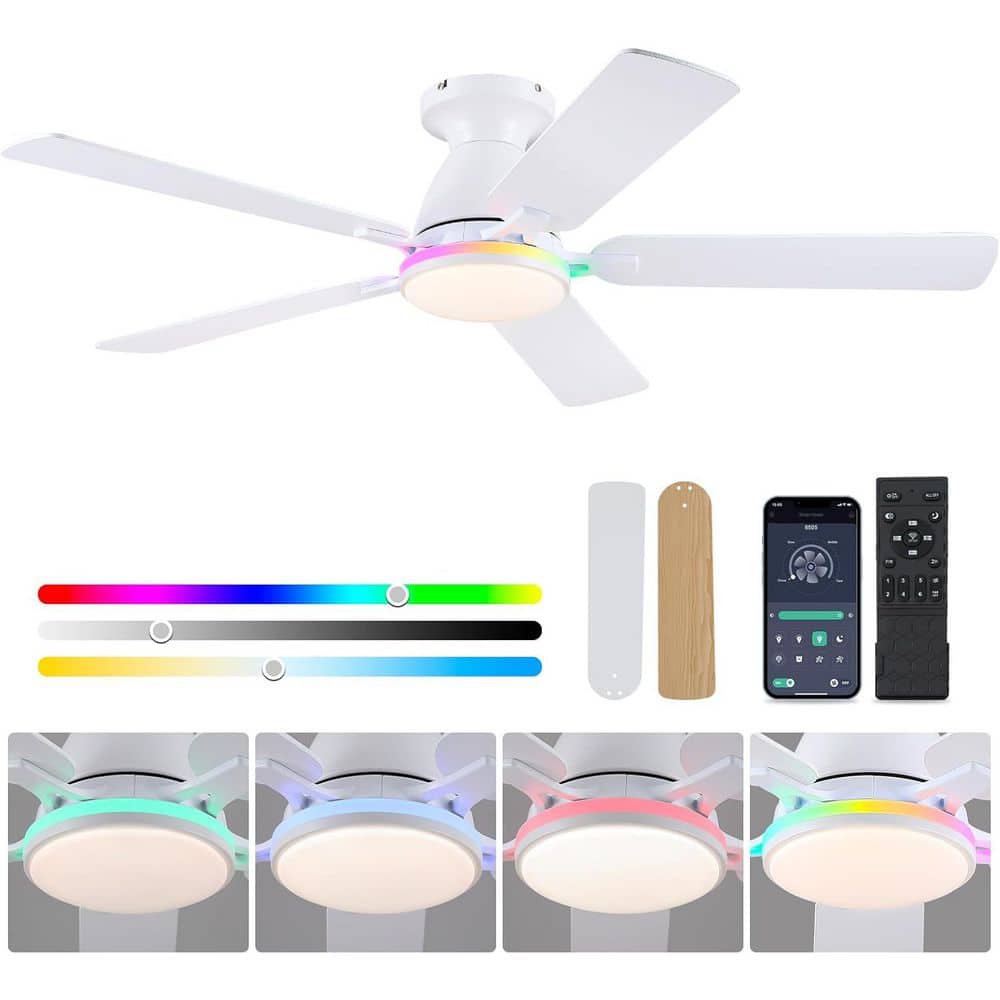 52 in. White Flush Mount Modern Ceiling Fan with RGB  LED Light, 5 Blade, Remote & App Control Included price history on PriceWatchPro