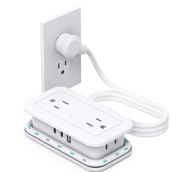 4-Outlet Power Strip with 1 USB, , 2 USB-C with 4FT Wrapped Flat Plug, Short Extension Cord for Travel Essentials, White