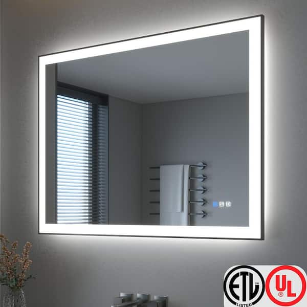48 in. W x 36 in. H Rectangular Framed LED Anti-Fog Wall Bathroom Vanity Mirror in Black with Backlit and Front Light