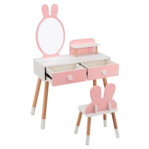 Kid Vanity Set Makeup Table Stool with 2-Drawers Shelf Wood Leg Rabbit Mirror Pink Chest of Drawers