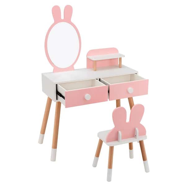 Gymax Kid Vanity Set Makeup Table Stool with 2-Drawers Shelf Wood Leg Rabbit Mirror Pink Chest of Drawers