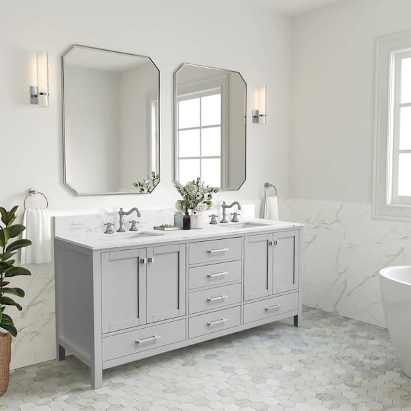 Bath Mist 72 in. W. Double Sink Freestanding Bath Vanity in Gray with White Engineered Top
