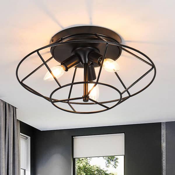 15.8 in 3-Light Modern Black Metal Cage Industrial Flush Mount Ceiling Light with No Bulbs Included