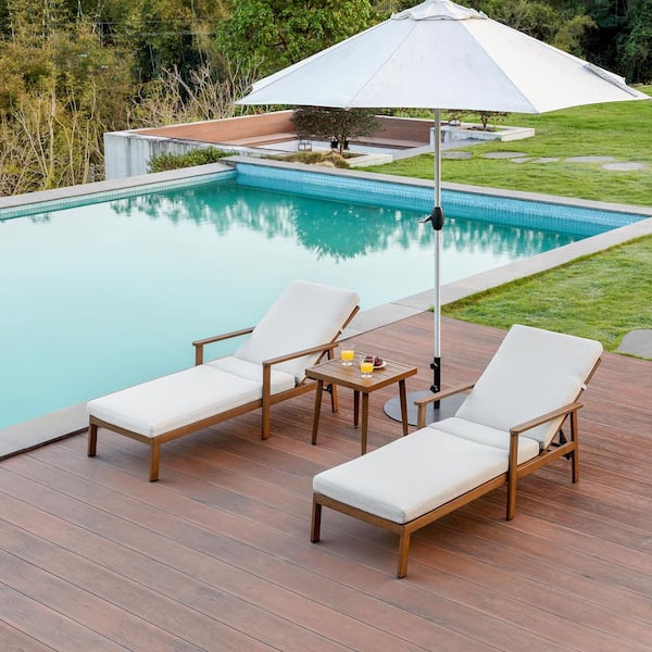 CikaCika Light Brown Wood Aluminum 3-Piece Outdoor Patio Chaise Lounge Chair with Side Table and Cream Cushions