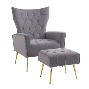 Grey Velvet Accent Chair with Ottoman Modern Upholstered Modern Single Sofa Side Chair Comfy Barrel Club Armchair