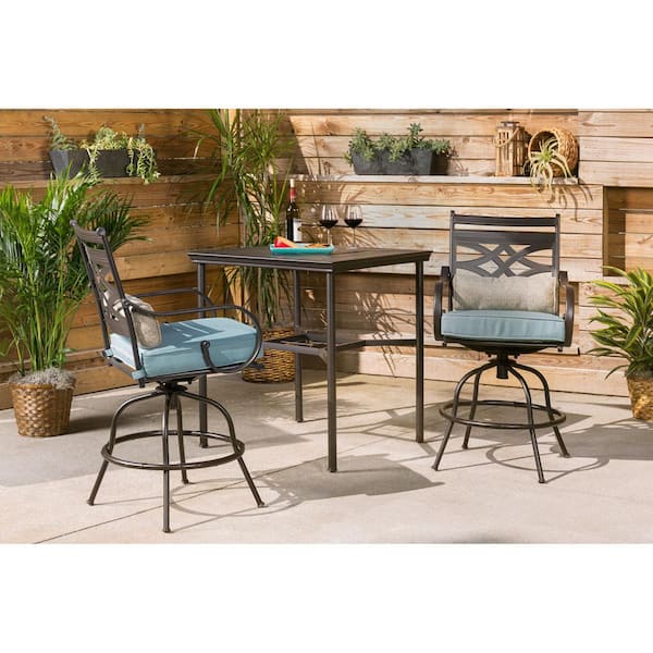 Montclair 3-Piece Metal Outdoor Bar Height Dining Set with Ocean Blue Cushions, Swivel Rockers and Table