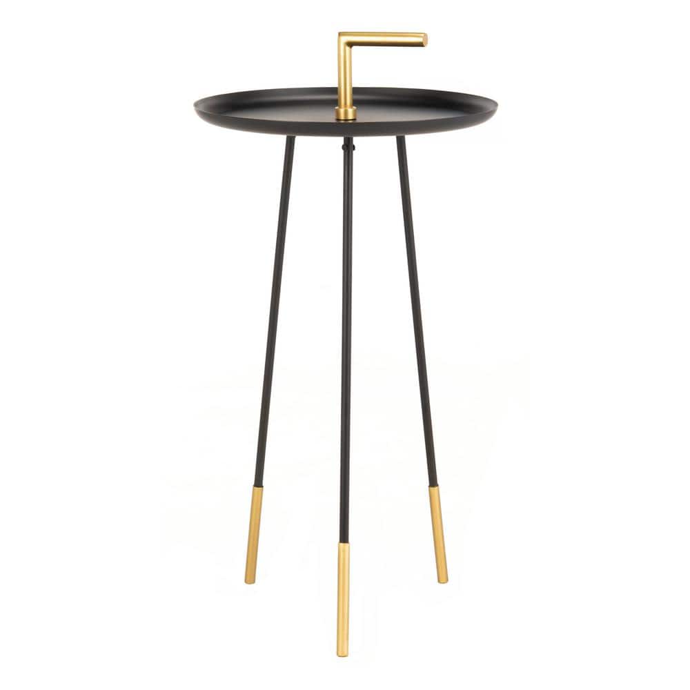 Transitional Round Black & Gold Metal-Wood Side Table with Handle