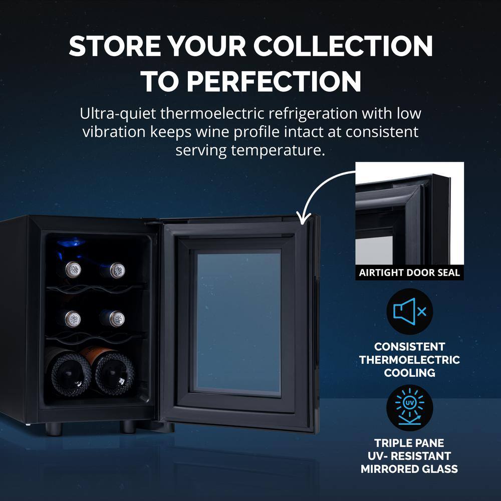 Black Mirrored Glass 6-Bottle Thermoelectric Countertop Wine Cooler
