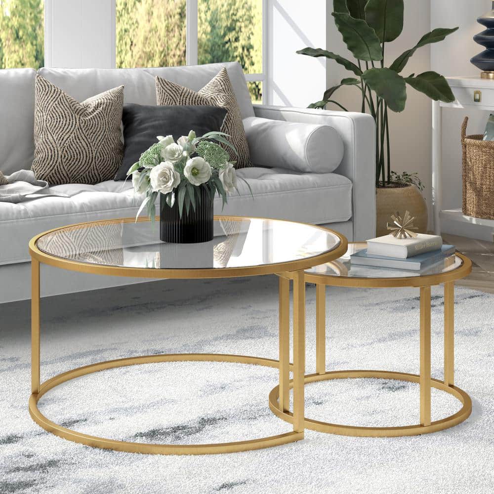 Round Brass and Glass Nesting Coffee Table Set