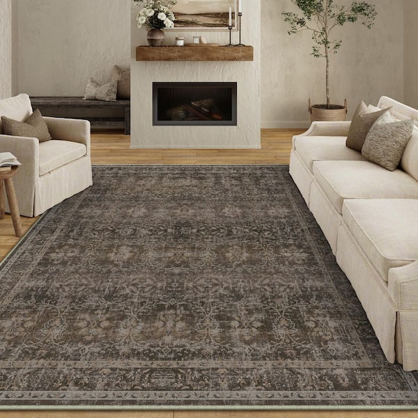 Rose Garden Brown Vintage Distressed 8 ft. x 10 ft. All Over Design Area Rug