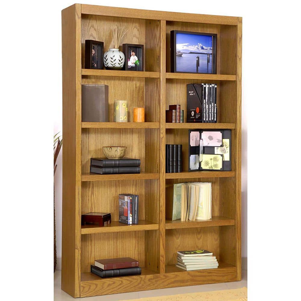Elegant Dry Oak Wood Double Wide Bookcase with Adjustable Shelves