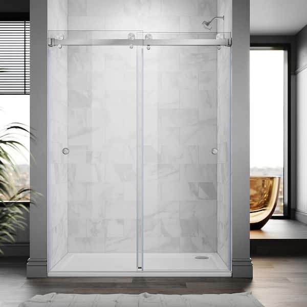UKD01 61 to 65 in. W x 80 in. H Double Sliding Frameless Shower Door in Brushed Nickel, EnduroShield 3/8 in. Clear Glass