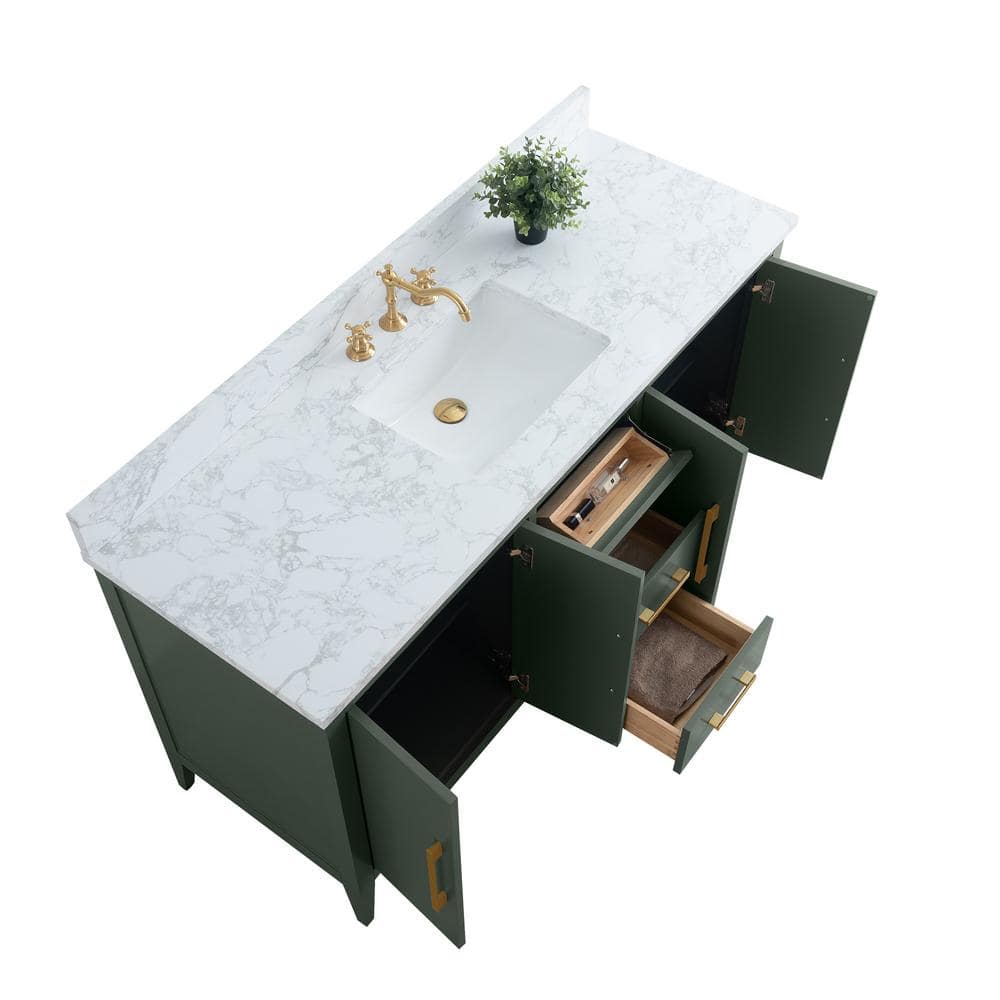 Vintage Green 60" Poplar Wood Single Sink Bathroom Vanity with Engineered Marble Countertop