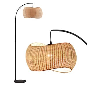 Wave Pendant 78 in Classic Matte Black Mid-Century 9W 800Lm 3000K LED Modern Arc Floor Lamp With Beige Rattan Drum Shade