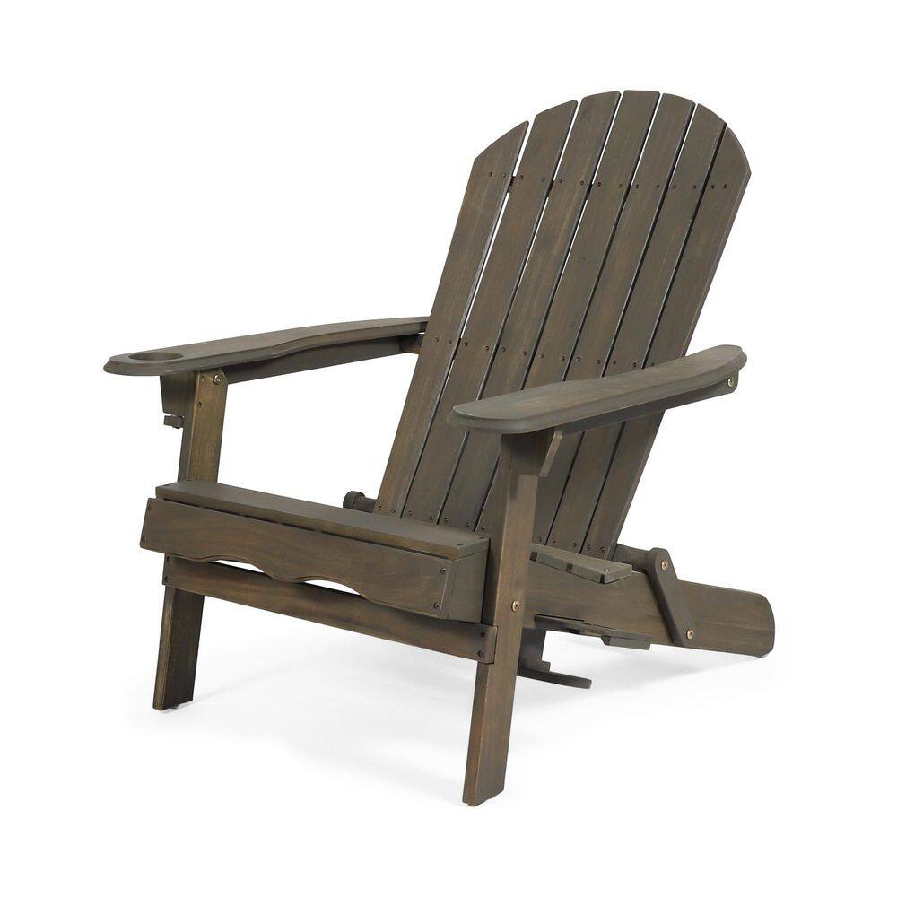 Rustic Gray Acacia Wood Foldable Adirondack Chair with Cup Holder and ...