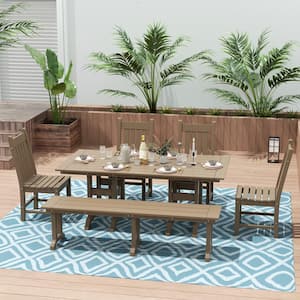 Hayes 6-Piece All Weather HDPE Plastic Rectangle Table Outdoor Patio Dining Set with Bench in Weathered Wood