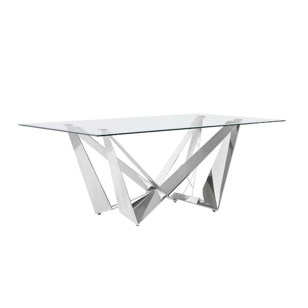 Best Quality Furniture Ermes Clear Glass Top 42 in W. 4 Legs Stainless Steel Dining Table Seats 6